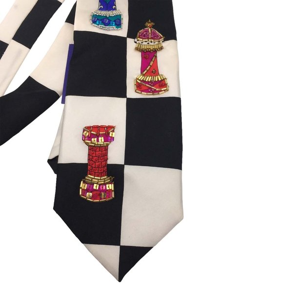 Black White Chess Board Fun Novelty Silk Necktie, Sequin Beaded Tie, Gambit NWT‎ - Picture 3 of 7